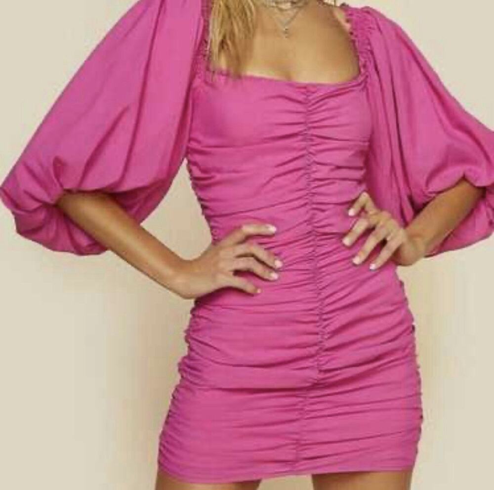 For Love & Lemons Bali Ruched Mini Dress Small Magenta Pink Puff Sleeve Romantic